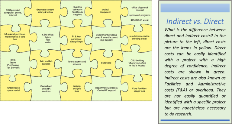 Puzzle diagram illustrating the difference between direct (yellow) and indirect (green) costs in research funding.