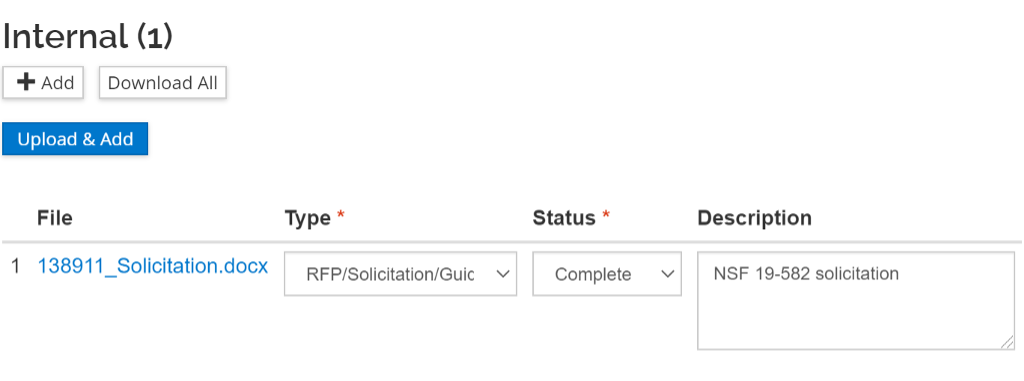 Internal file management interface displaying a completed NSF 19-582 solicitation document.