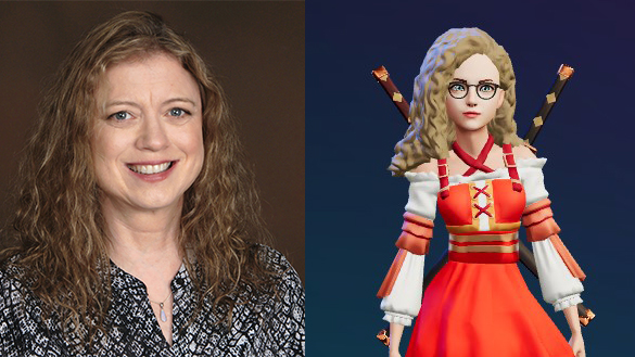 A smiling woman with curly hair beside her animated character, wearing a red and white outfit with glasses.