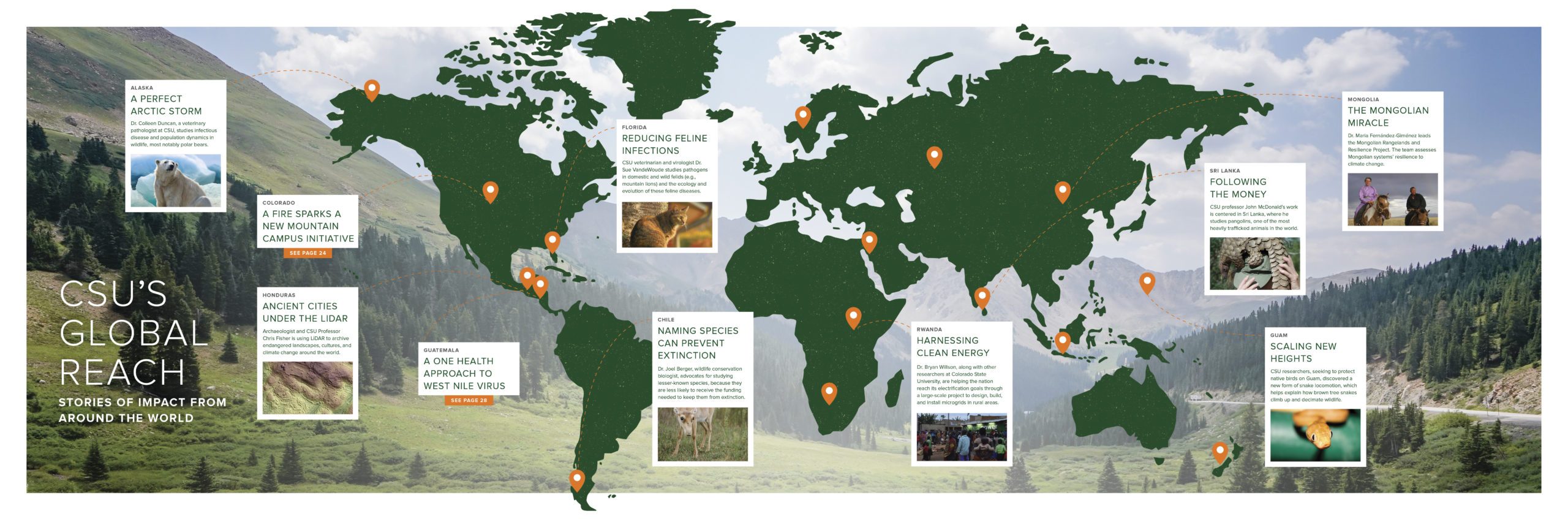 World map highlighting global outreach locations with informational markers and images showcasing diverse initiatives.